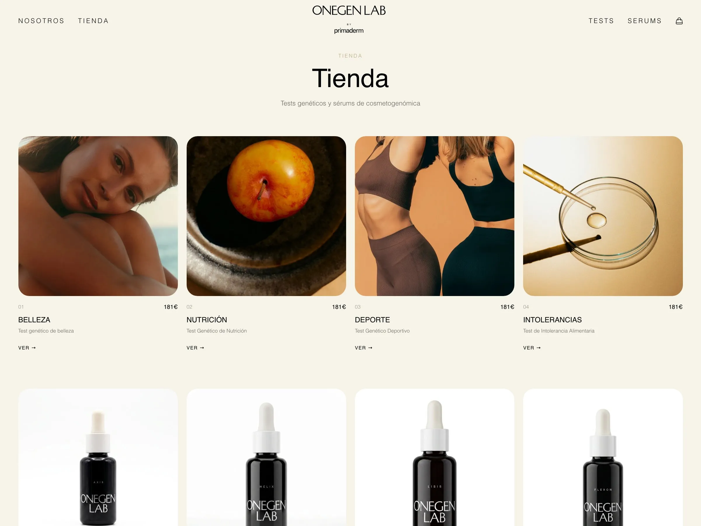 Tienda WooCommerce de Onegen Lab con sus tests genéticos y sérums personalizados